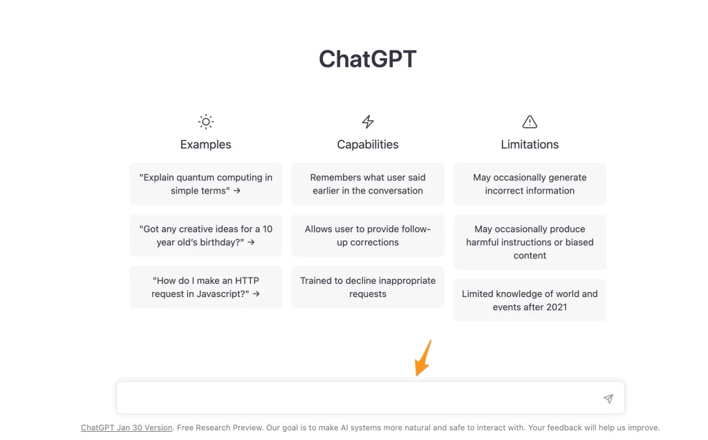 Screenshot of the ChatGPT interface showing writing examples, creative task capabilities, and key limitations, highlighting why ChatGPT excels at storytelling, brainstorming, and marketing-style content.